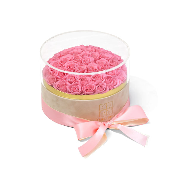 Floragram 50 pink rose box open view — real preserved roses that last 1–3 years