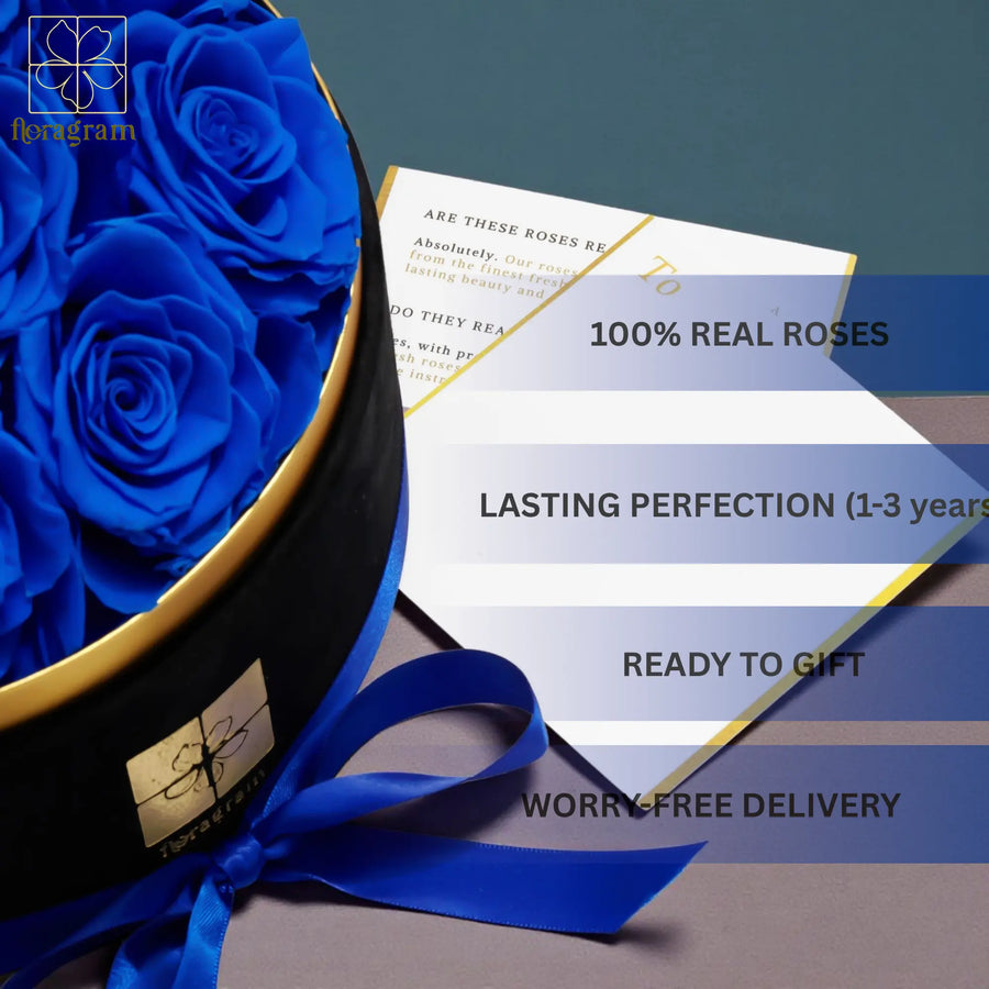 13 oversized blue preserved roses arrangement close-up — Floragram luxury roses