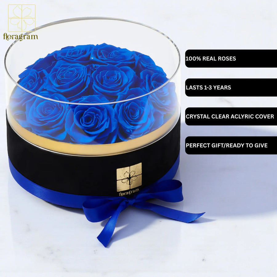 Floragram blue preserved roses infographic — real roses that last 1–3 years