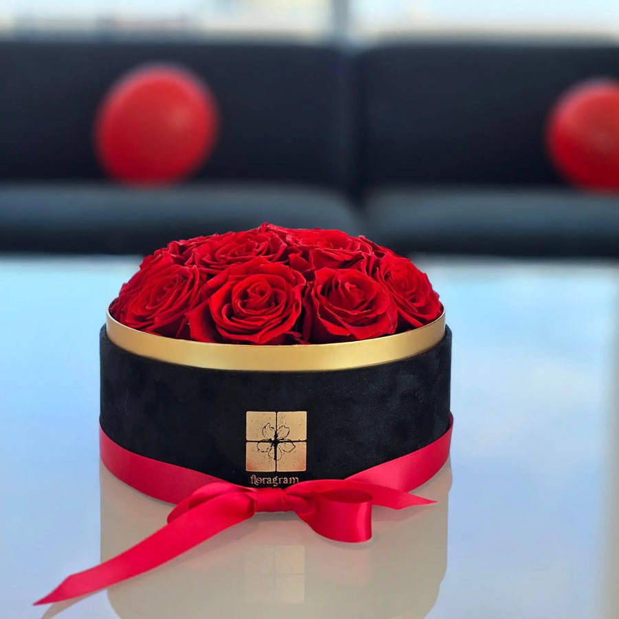 Floragram red preserved roses velvet box on tabletop — luxury home decor Canada